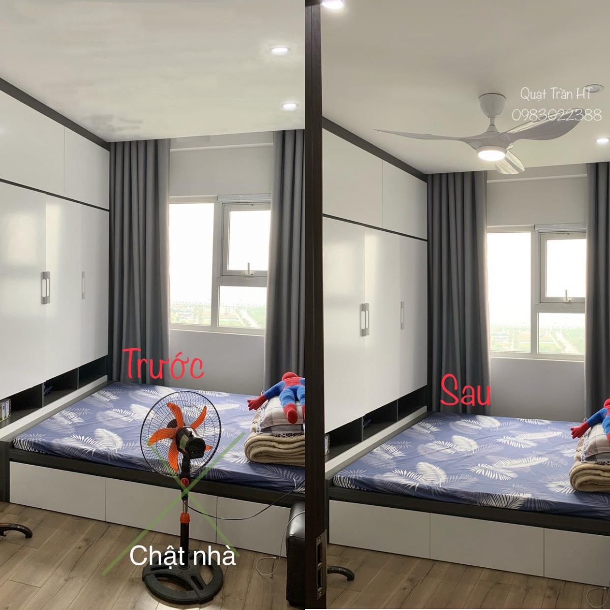 Ảnh minh họa hiệu quả dùng quạt trần chung cư làm mặt sàn nhà rộng hơn, trước và sau khi lắp quạt trần chung cư